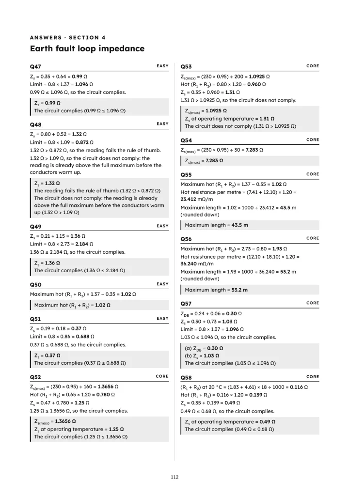 Inspection and Testing Calculations, page 112: Worked answers for section 4, earth fault loop impedance