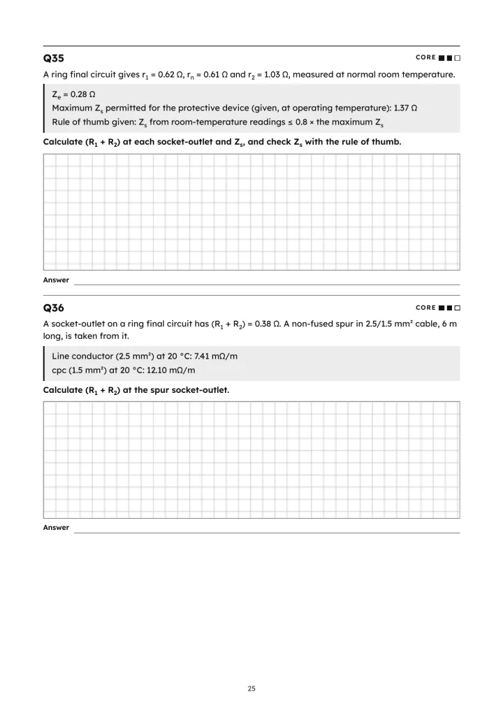 Inspection and Testing Calculations, page 25: Questions 35 and 36 from section 3, ring final circuits