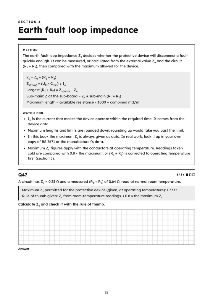Inspection and Testing Calculations, page 31: Section 4 method page, with question 47 and its squared working box