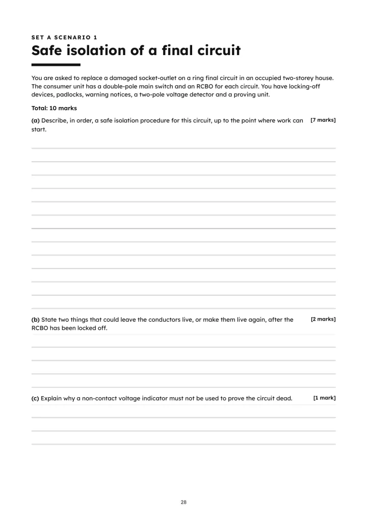 Inspection and Testing Practice Papers, page 28: Written scenario 1: safe isolation of a final circuit