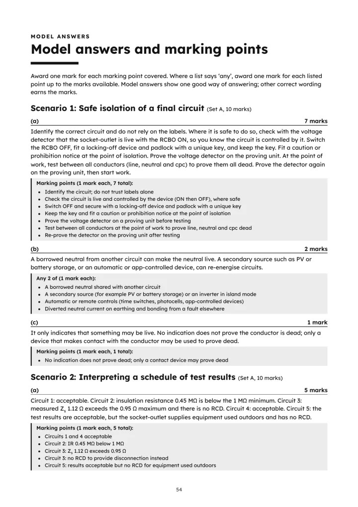 Inspection and Testing Practice Papers, page 54: Model answers and marking points