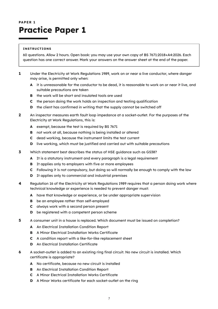 Inspection and Testing Practice Papers, page 7: The first page of Practice Paper 1