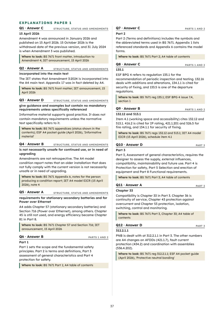 BS 7671 A4:2026 Practice Papers, page 37: Paper 1 explanations, each with a where-to-look reference