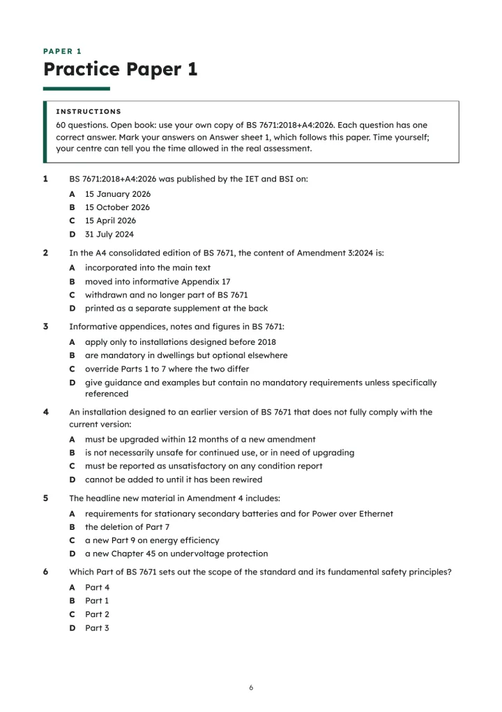 BS 7671 A4:2026 Practice Papers, page 6: The first page of Practice Paper 1