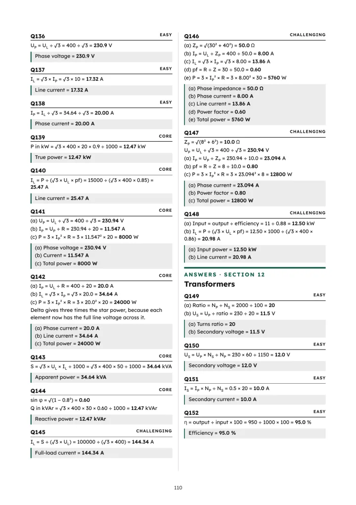 Electrical Science Calculations, page 110: Worked answers for three-phase supplies and transformers