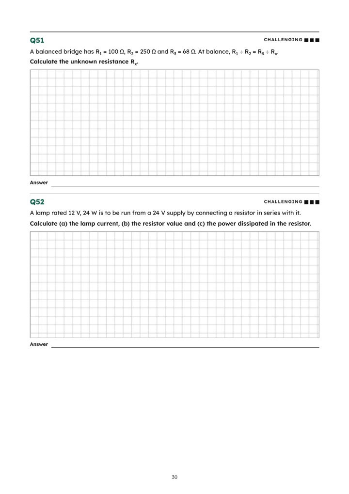 Electrical Science Calculations, page 30: Questions 51 and 52 from section 4, series and parallel resistors