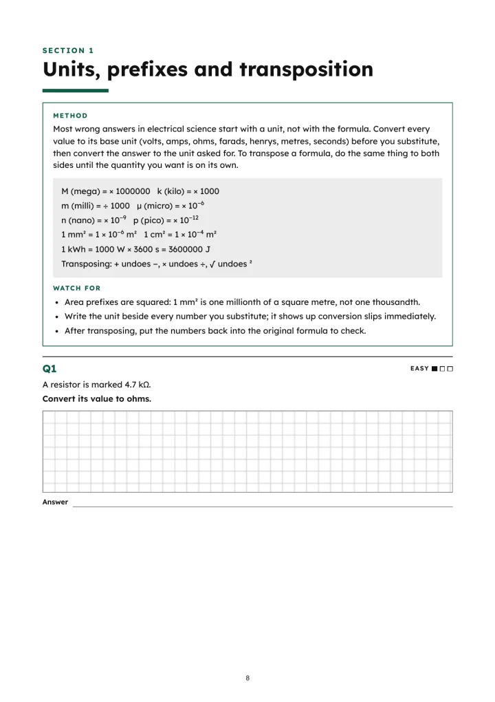 Electrical Science Calculations, page 8: Section 1 method notes, with question 1